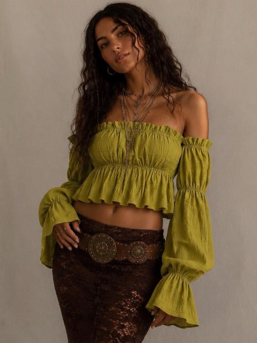 Off-Shoulder Olive Green Smocked Crop Top - Picture 2 of 3